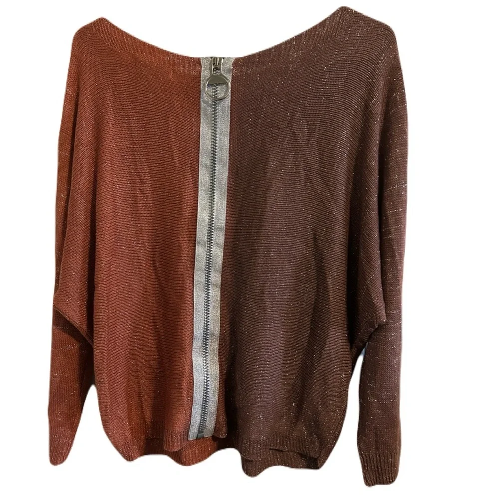 GIGI MODA $141 Argento Dual Toned Sweater Rust Brown Metallic Thread Italy Made - Picture 13 of 16